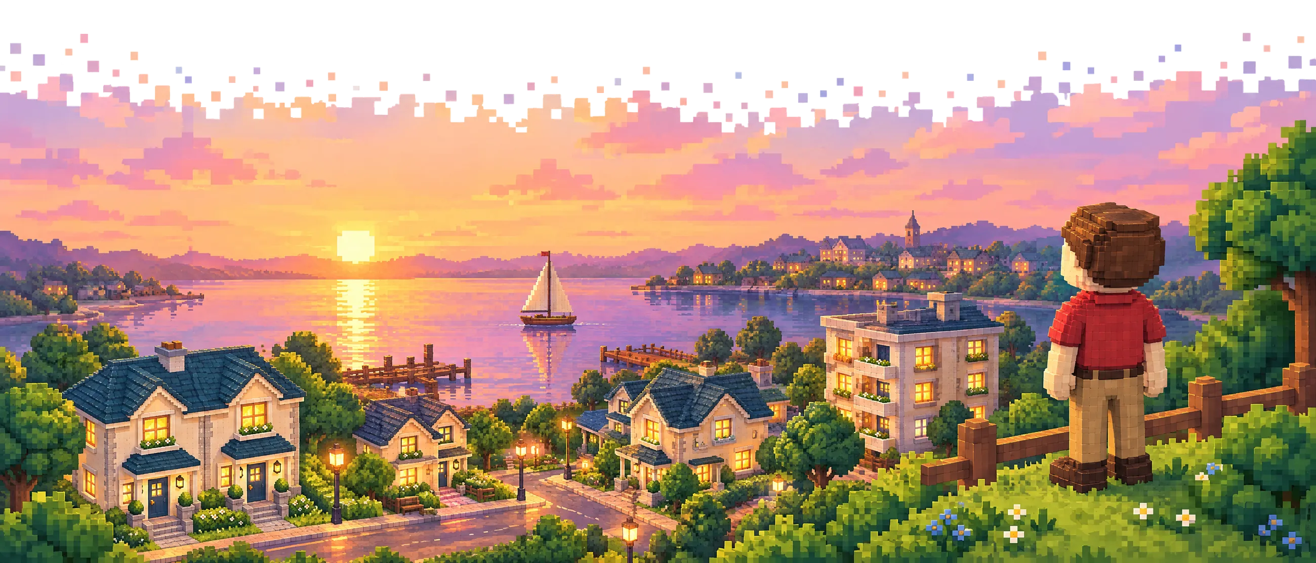 Ned stands on a hill at sunset looking over a voxel town by the lake