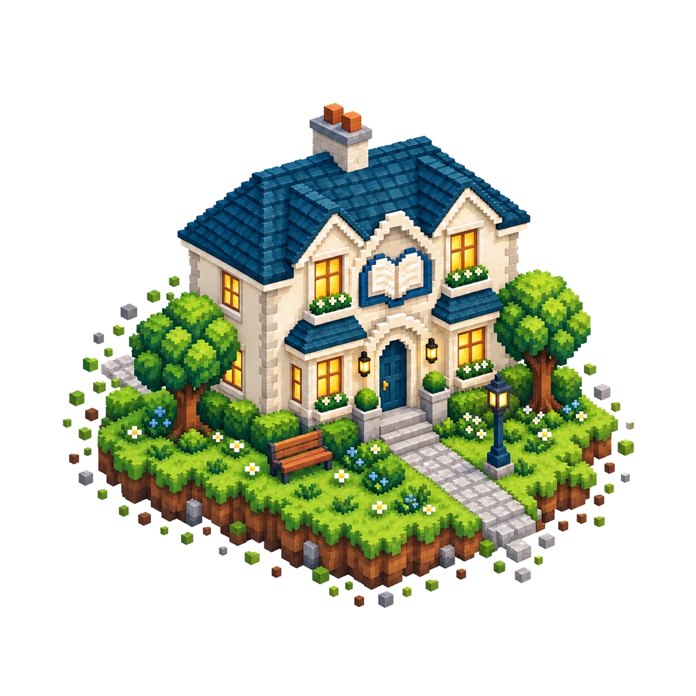 A voxel library with an open book above the door