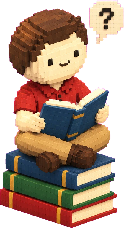 Ned reading on a stack of books