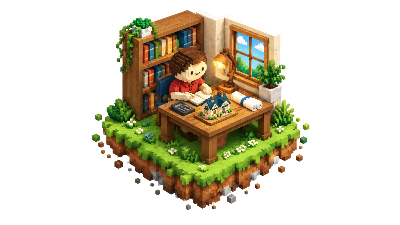 Ned at a desk studying a model house, a calculator and a blueprint